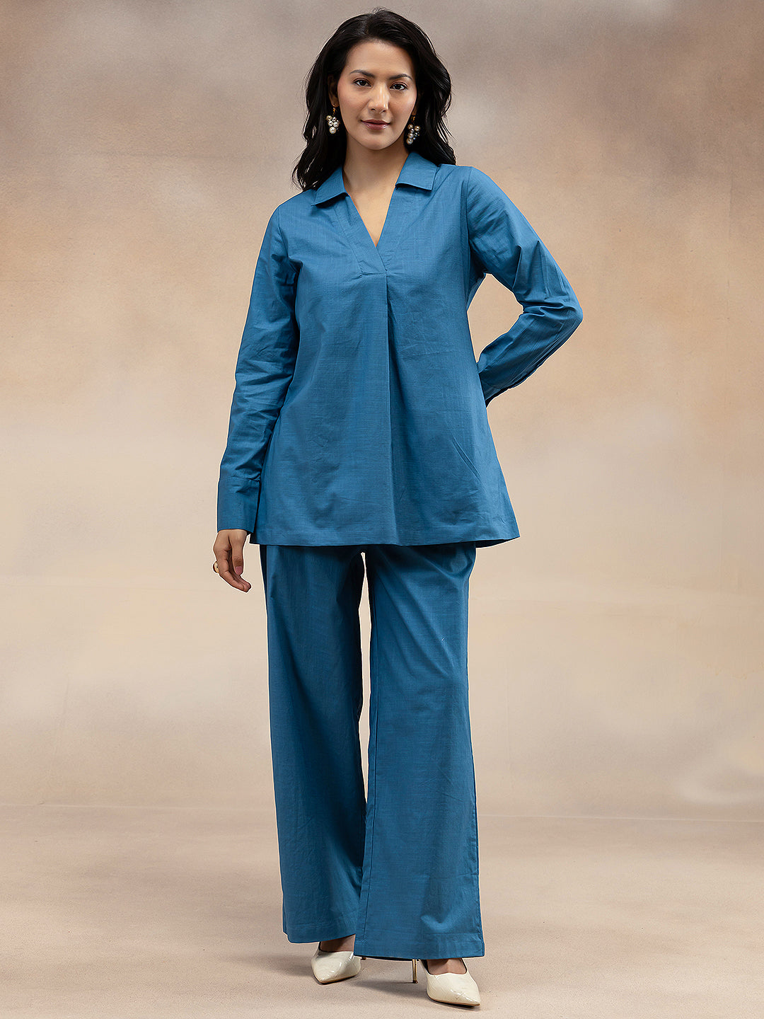Women Slate Blue Solid Cotton Slub Kurta