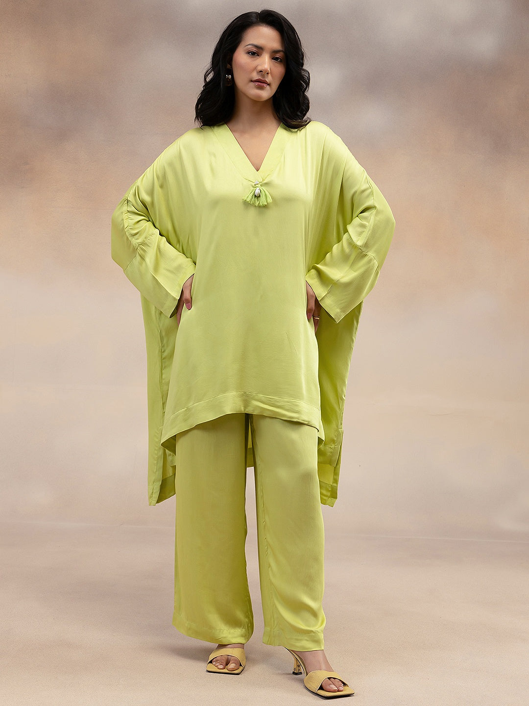 Women Lime Green Kaftan-Style Kurta & Palazzos Co-ord Set