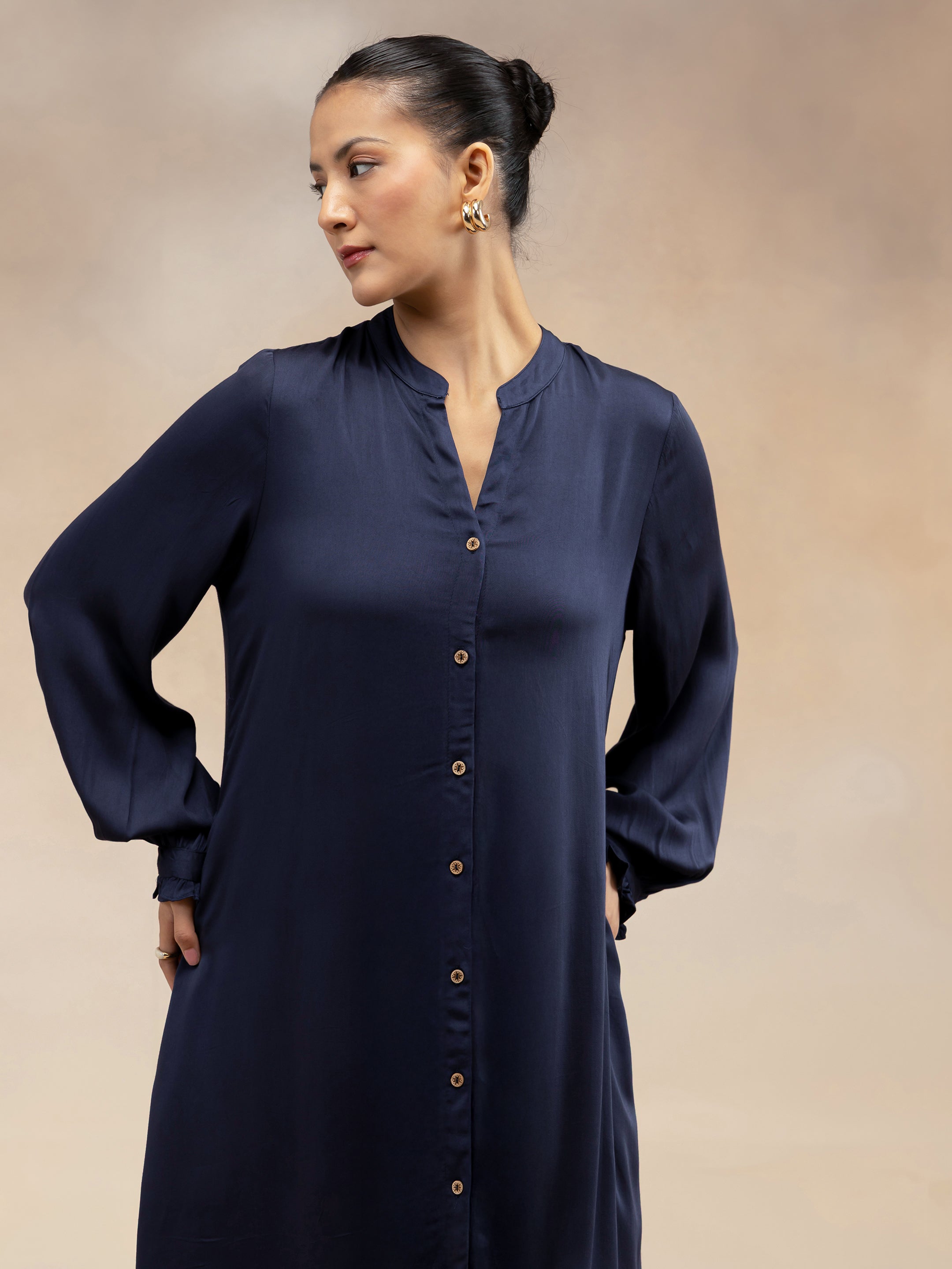 Women Navy Modal Button-Down Kurta Set