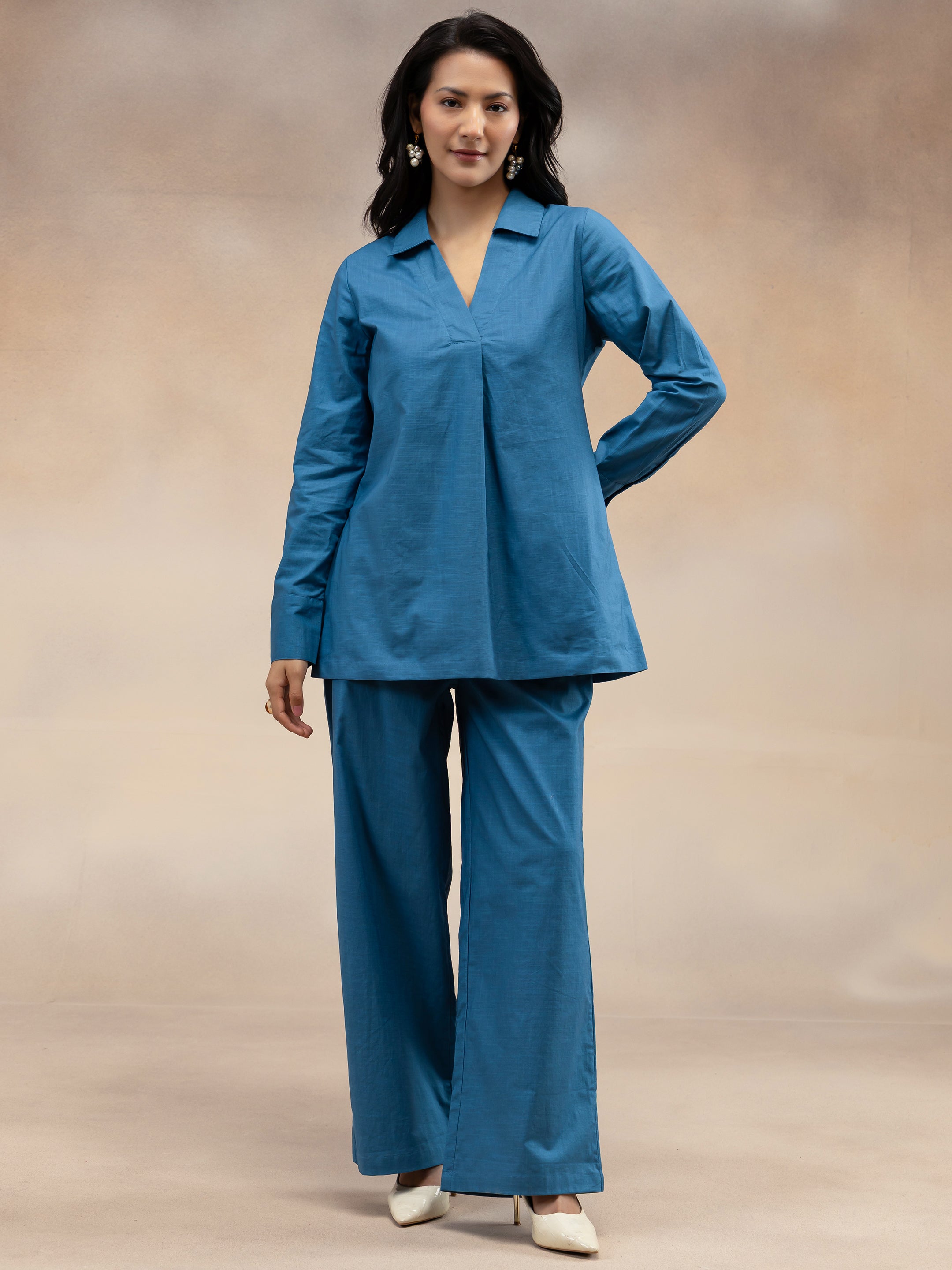 Women Slate Blue Solid Cotton Slub Kurta Co-Ord Set