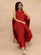 Women Red Cotton Slub Straight Kurta Set