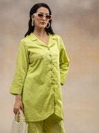 Women Pear Green Solid Cotton Satin Kurta Co-Ord Set