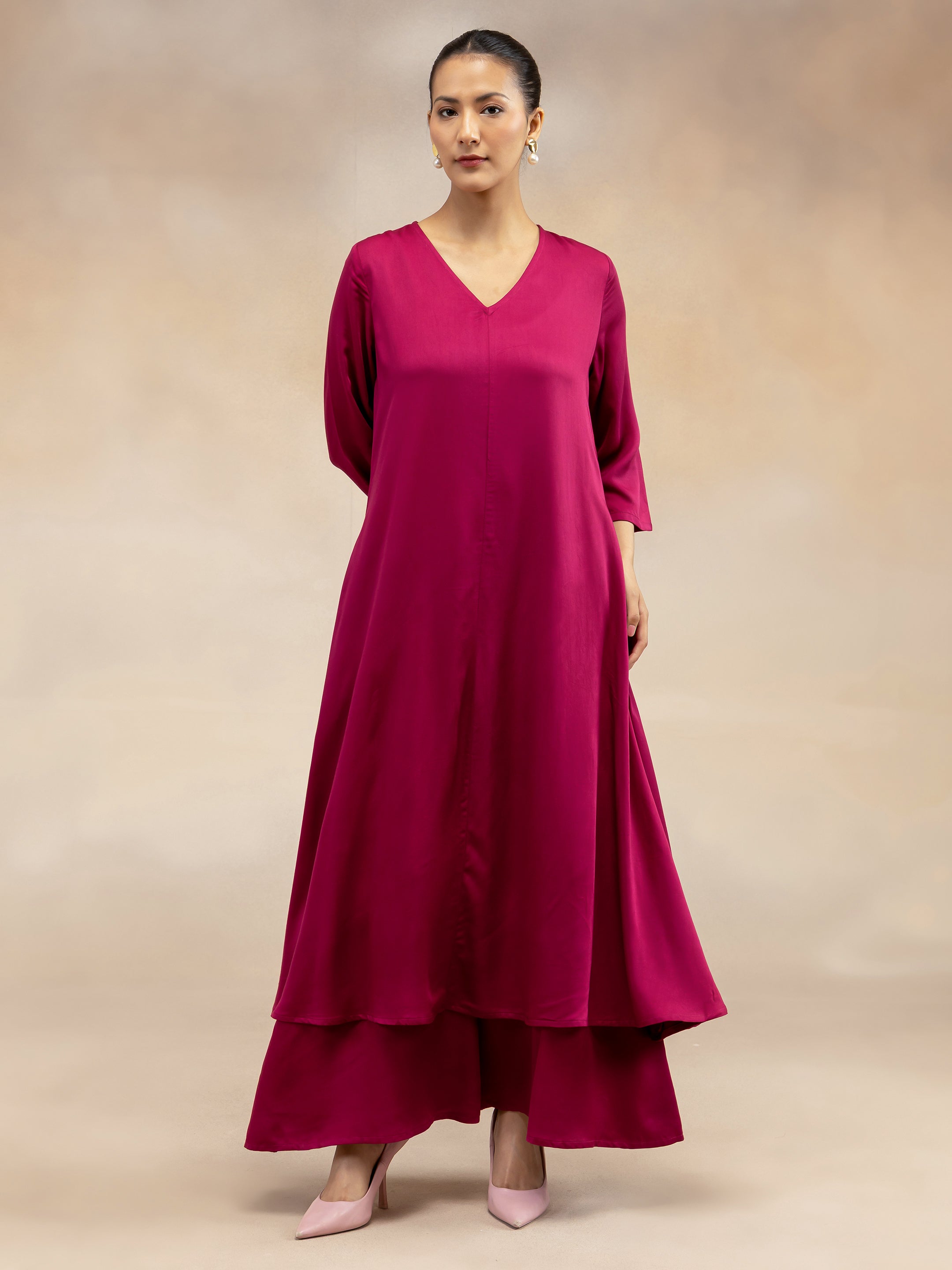 Women Magenta Pink Solid  Modal Layered Maxi Dress