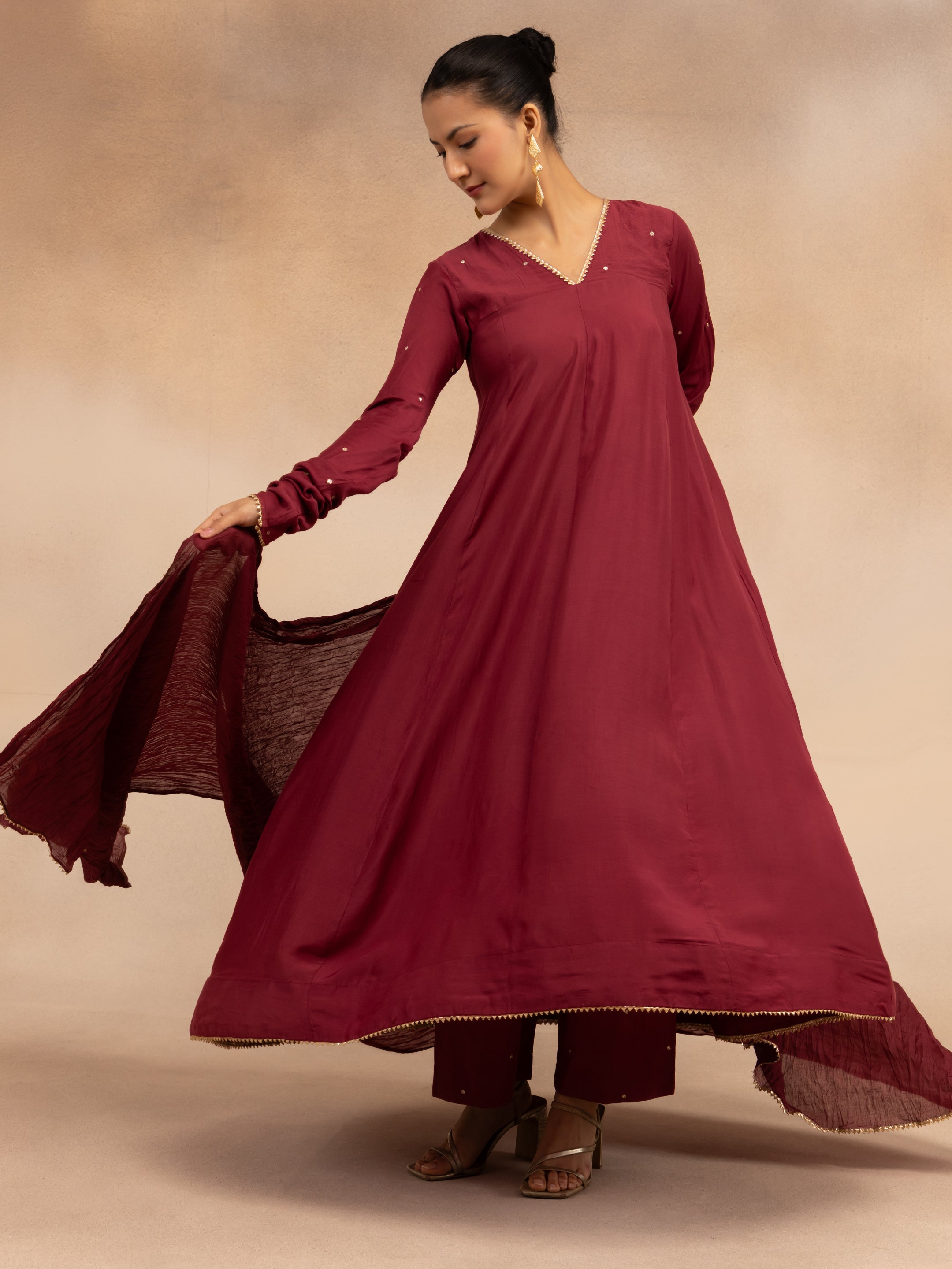Women Maroon Solid Zari Embroidered Anarkali Dress with Crushed Dupatta