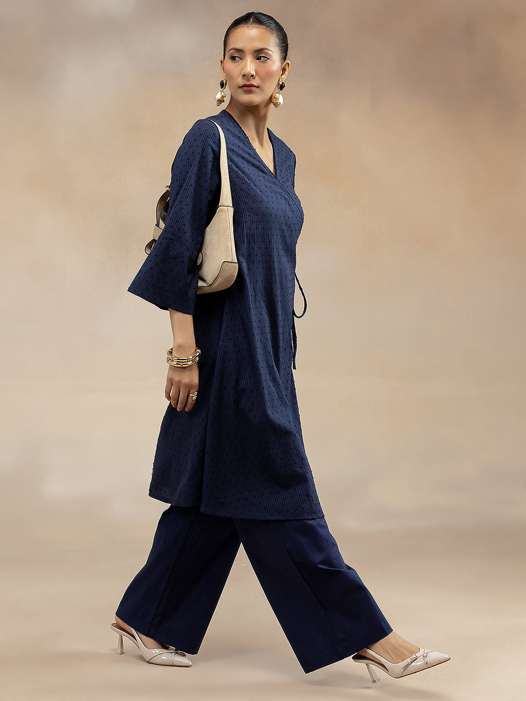 Women Navy Cotton Dobby Angrakha Kurta