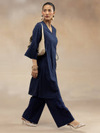 Women Navy Cotton Dobby Angrakha Kurta
