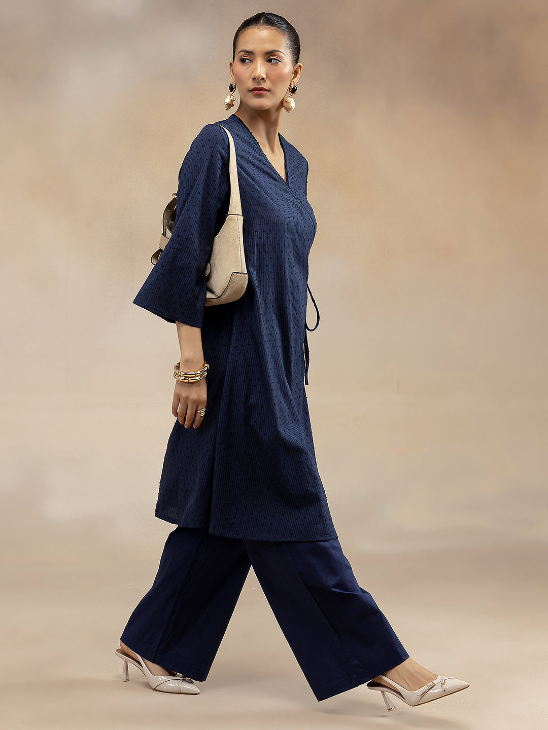 Women Navy Cotton Dobby Angrakha Kurta