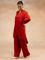 Women Red Modal Asymmetric Hem Kurta Set
