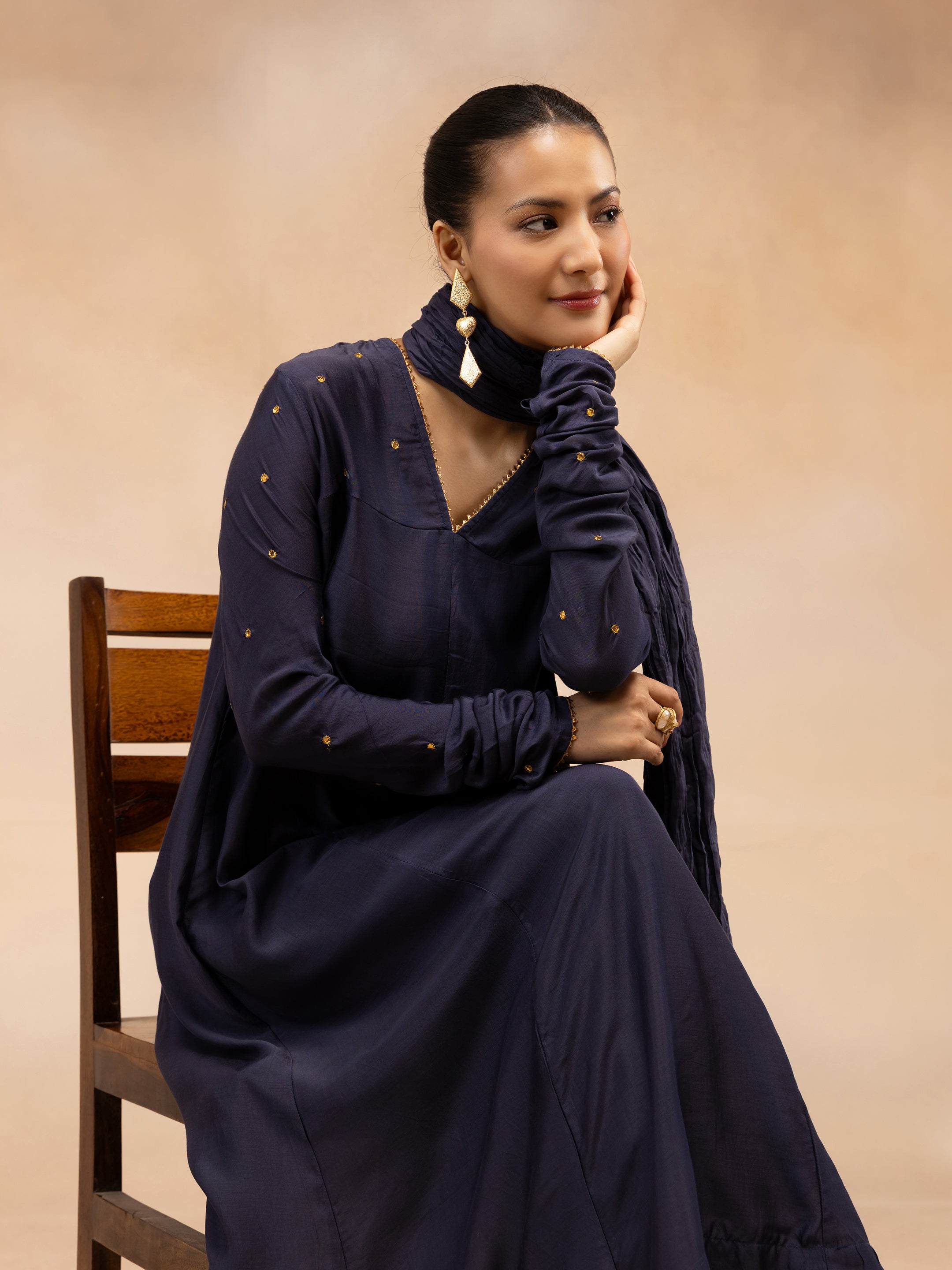 Women Navy Solid Zari Embroidered Anarkali Dress with Crushed Dupatta