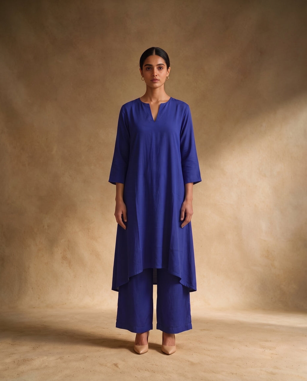 Women Royal Blue Cotton Solid V-Neck Asymmetric Kurta Pant Dupatta Set