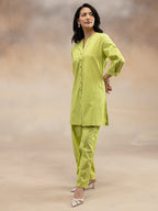 Women Lime Green Solid Cotton Slub Kurta Co-Ord Set