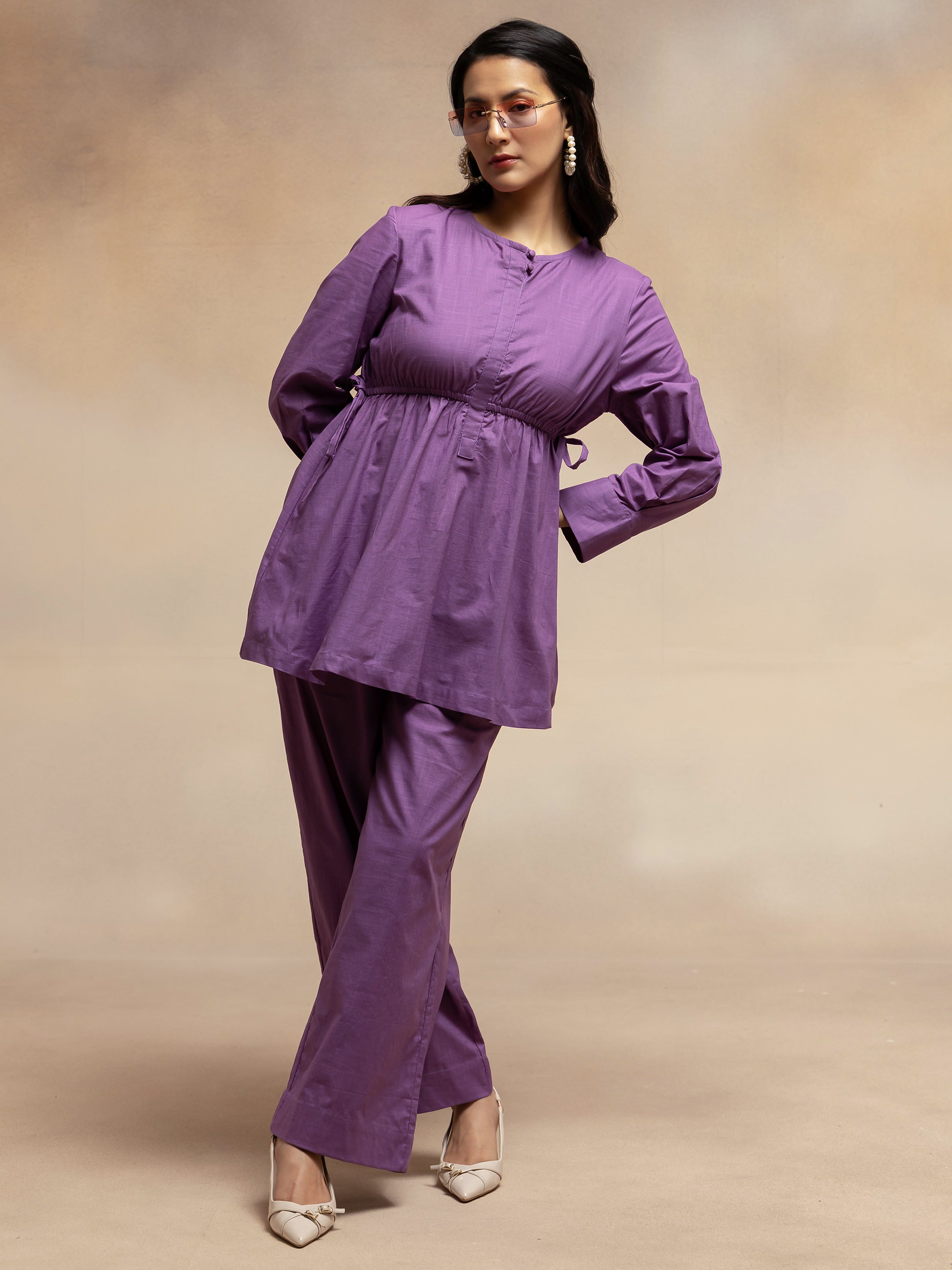 Women  Purple Solid Cotton Slub Gathered Tunic Co-Ord Set