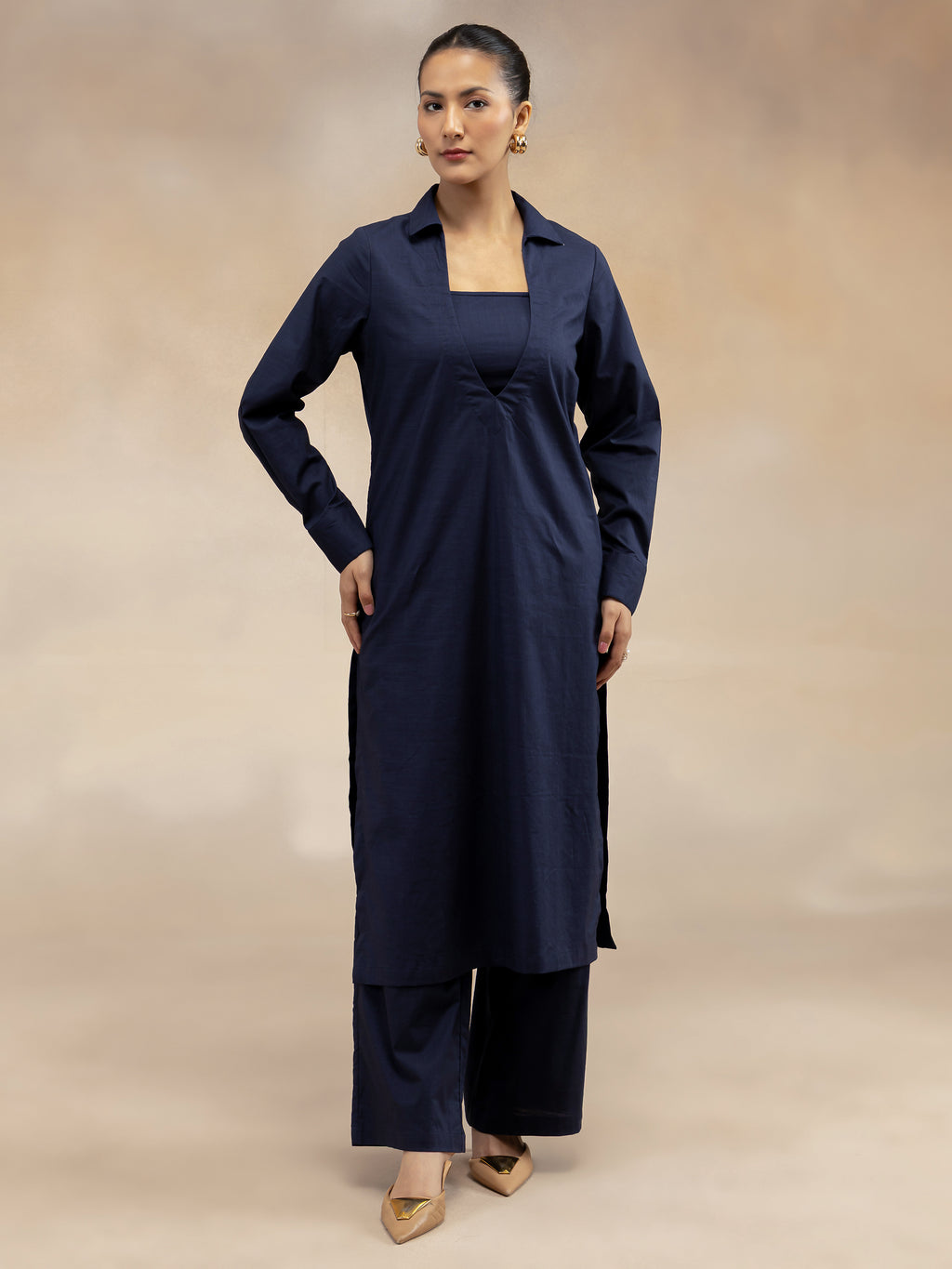 Women Navy Cotton Slub 3-Piece Kurta Set