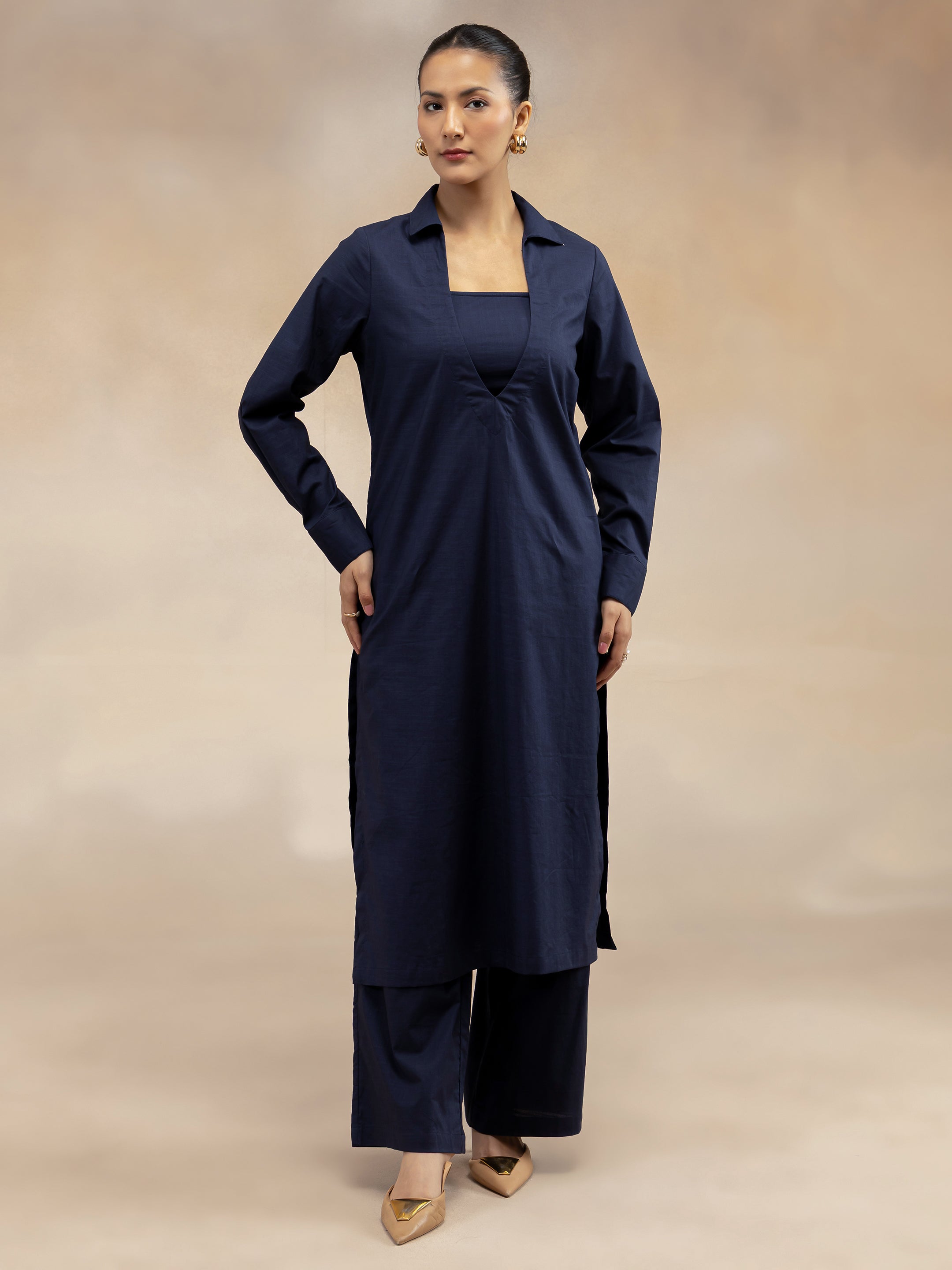 Women Navy Cotton Slub 3-Piece Kurta Set