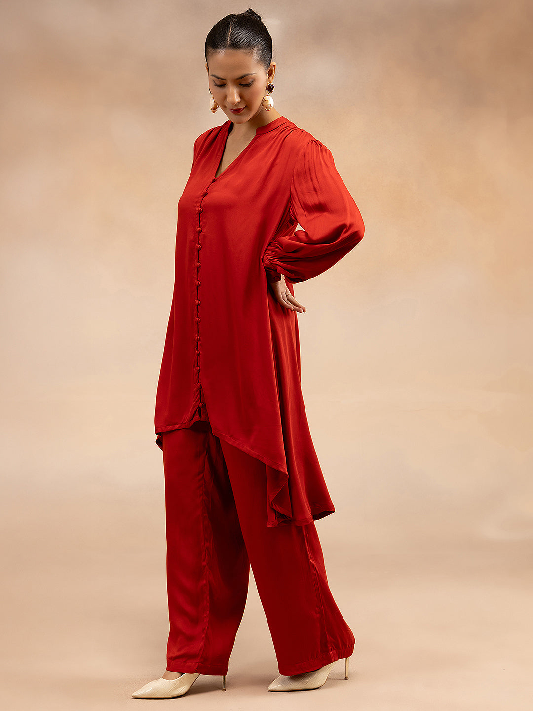 Women Red Modal Asymmetric Hem Kurta