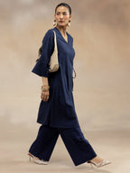 Women Navy Cotton Dobby Angrakha Kurta Set