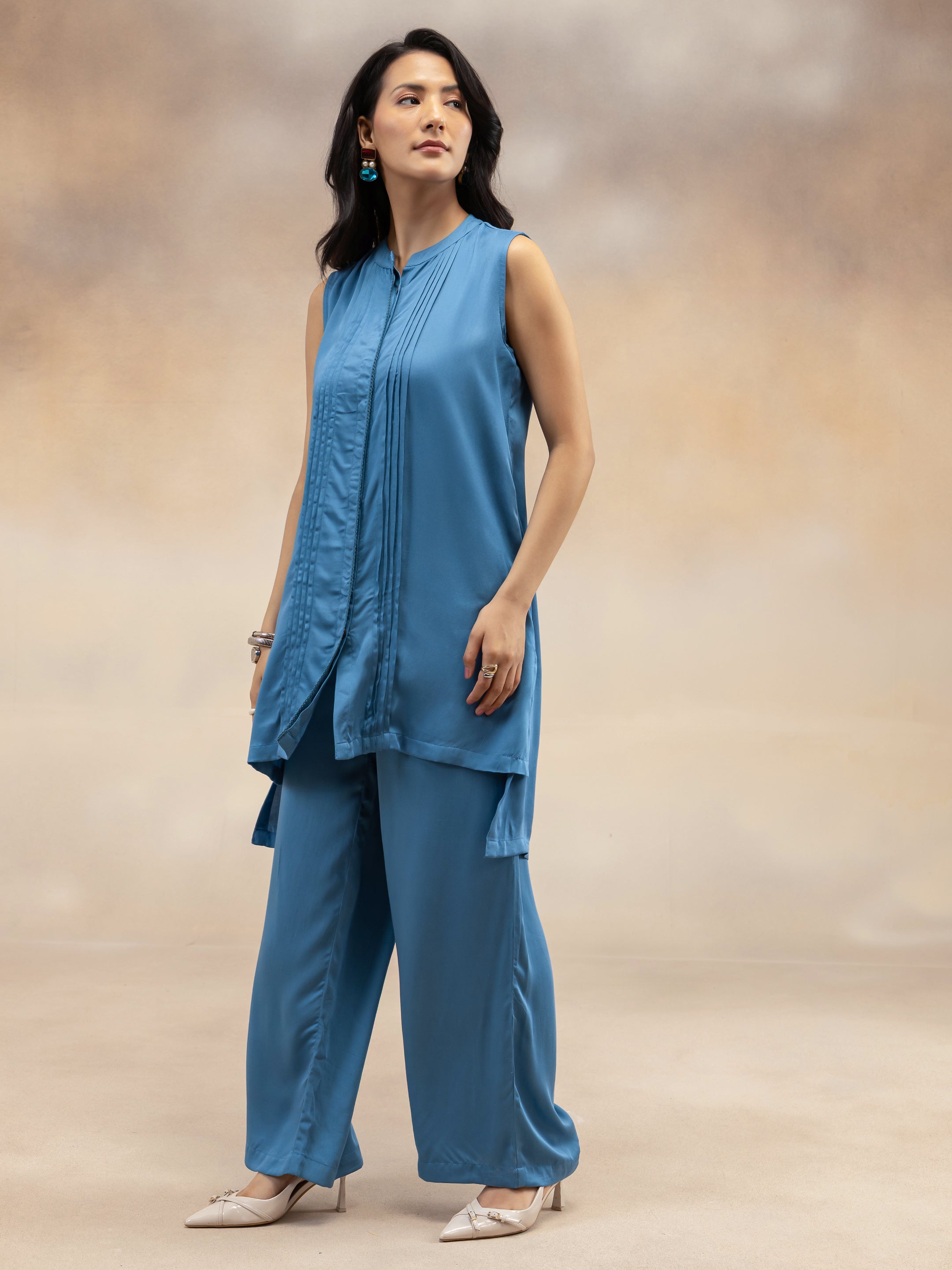 Blue Solid Sleeveless Kurta & Wide-Leg Palazzos Co-ord Set