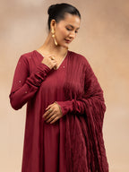 Women Maroon Solid Zari Embroidered Anarkali Dress with Crushed Dupatta