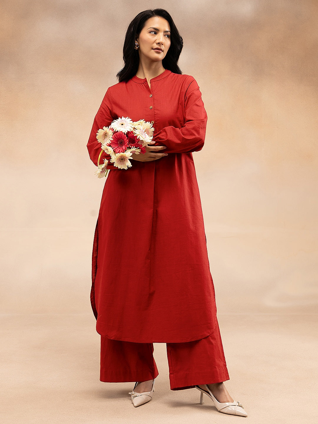 Women Red Cotton Slub Pleated Kurta Set with Wide-Leg Palazzo Pants
