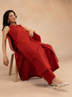 Women Red Cotton Slub Straight Kurta Set