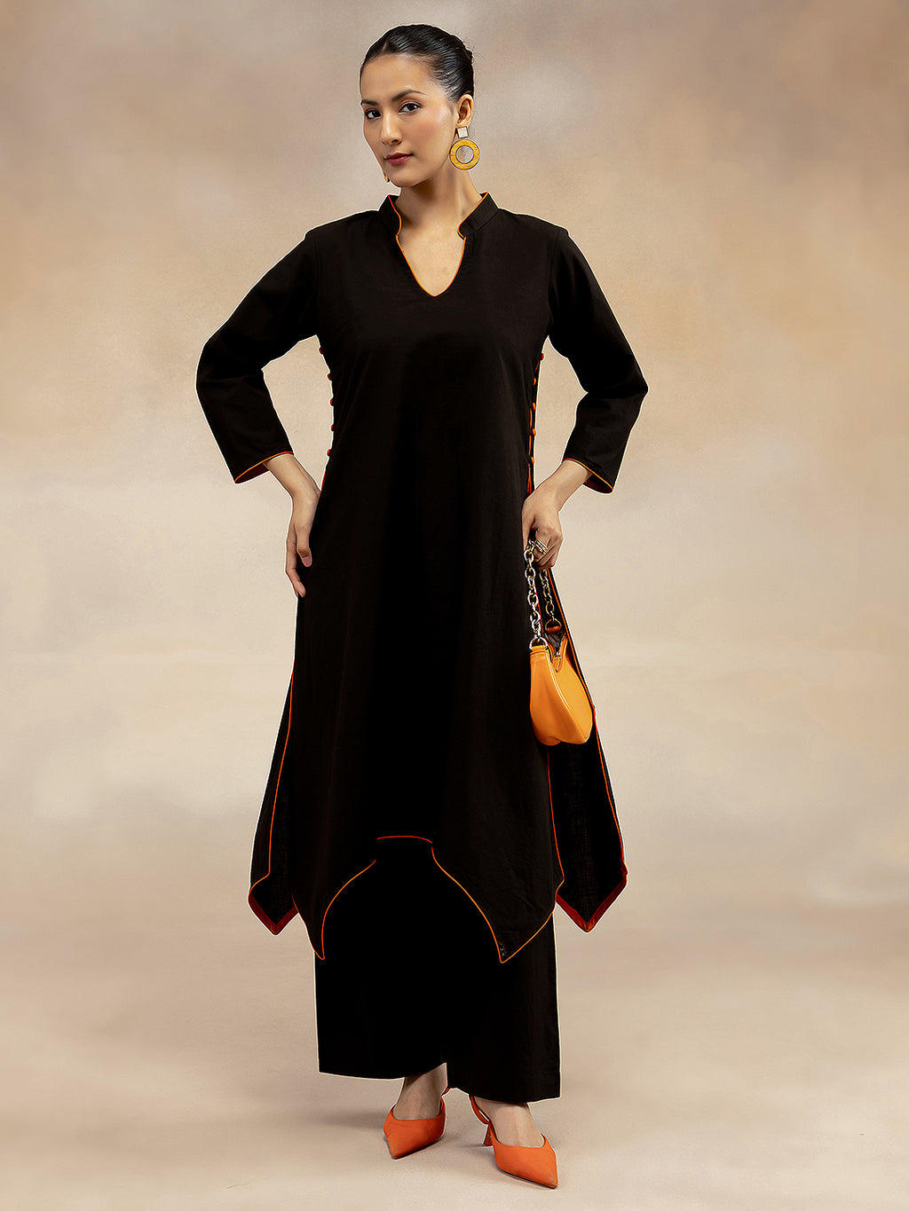 Women Black Contrast-Trim Cotton Slub Kurta