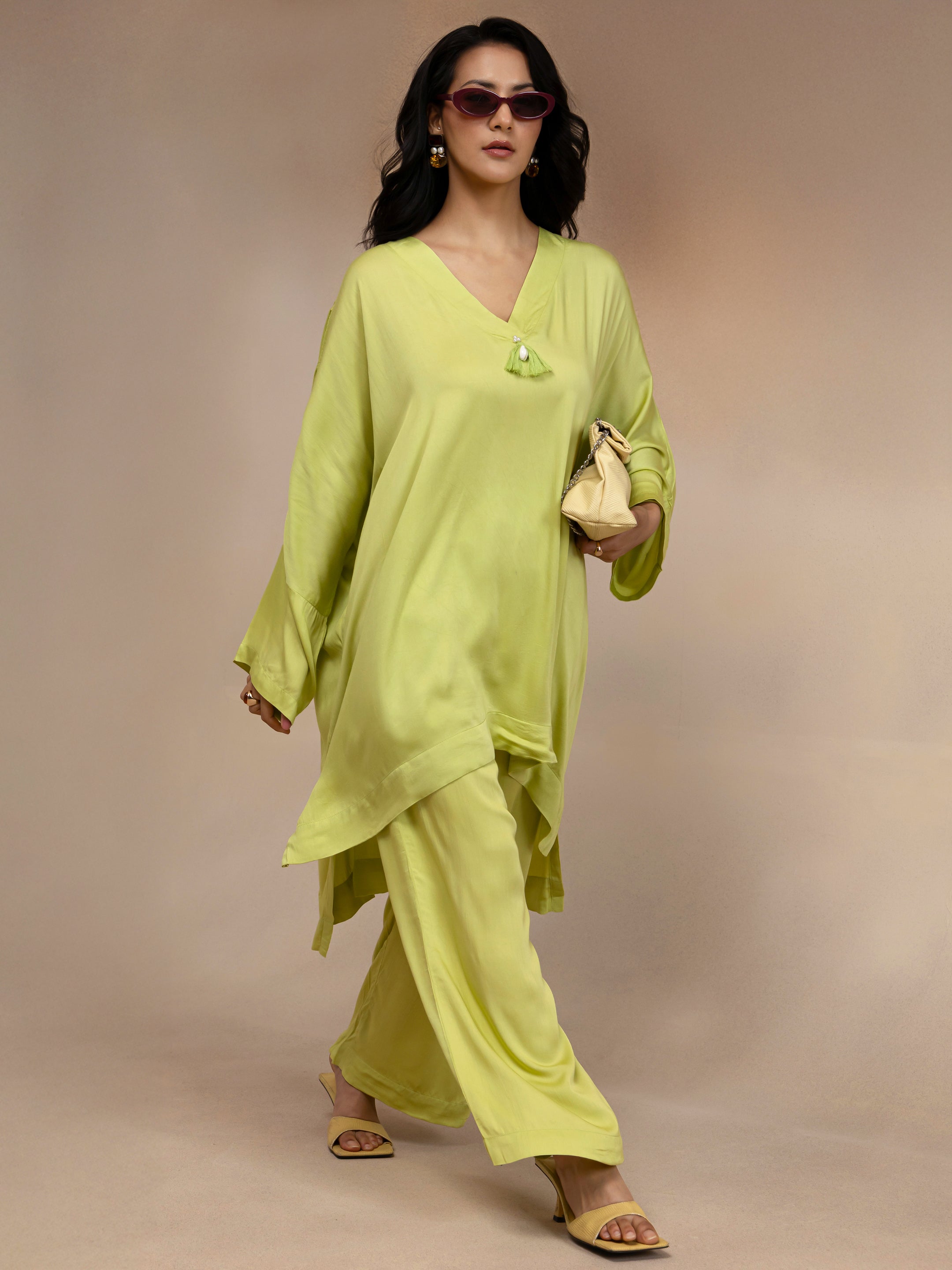 Women Lime Green Kaftan-Style Kurta & Palazzos Co-ord Set