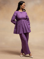 Women  Purple Solid Cotton Slub Gathered Tunic