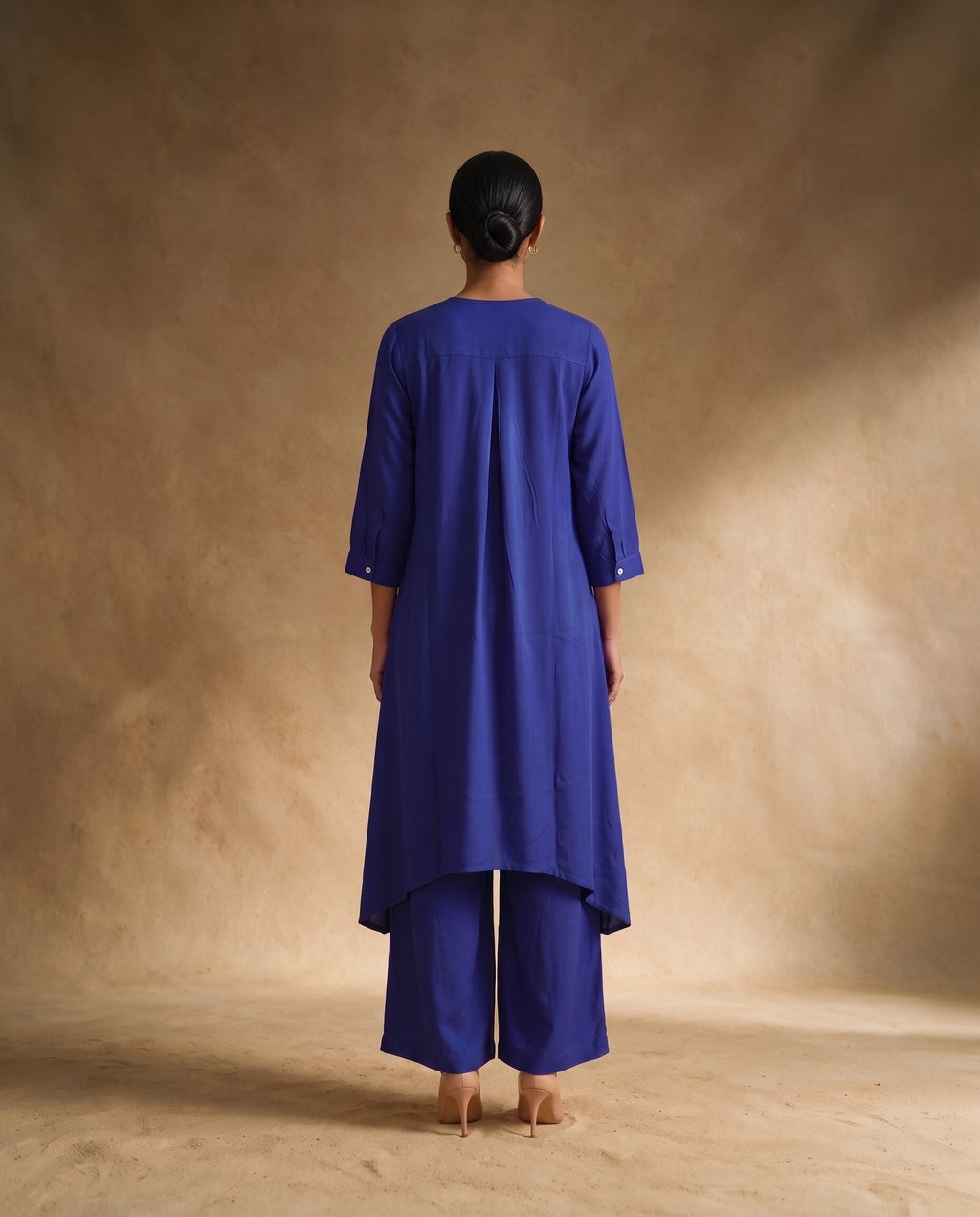Women Royal Blue Cotton Solid V-Neck Asymmetric Kurta Pant Dupatta Set