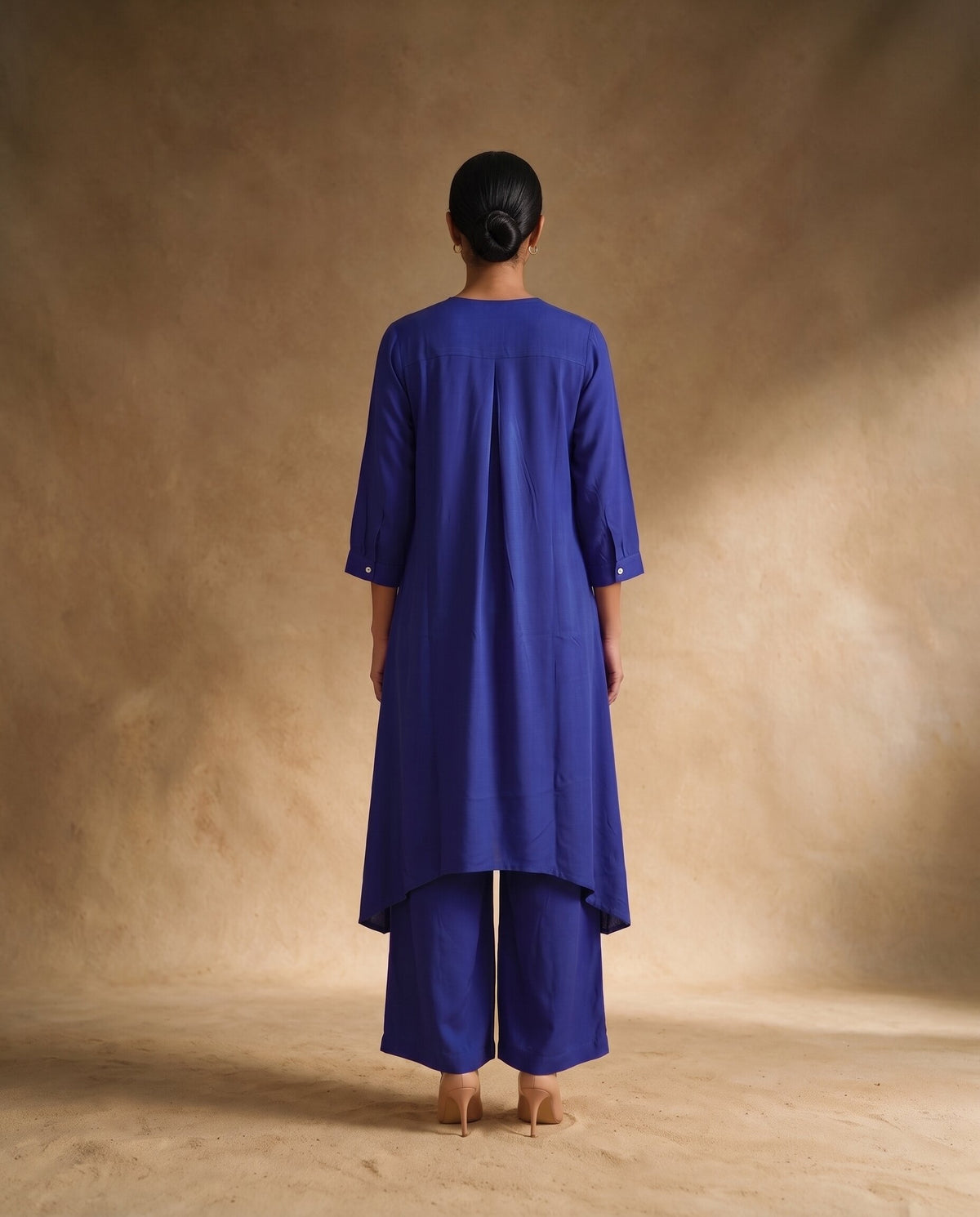 Women Royal Blue Cotton Solid V-Neck Asymmetric Kurta Pant Dupatta Set