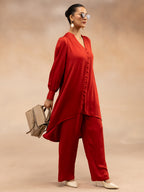 Women Red Modal Asymmetric Hem Kurta Set