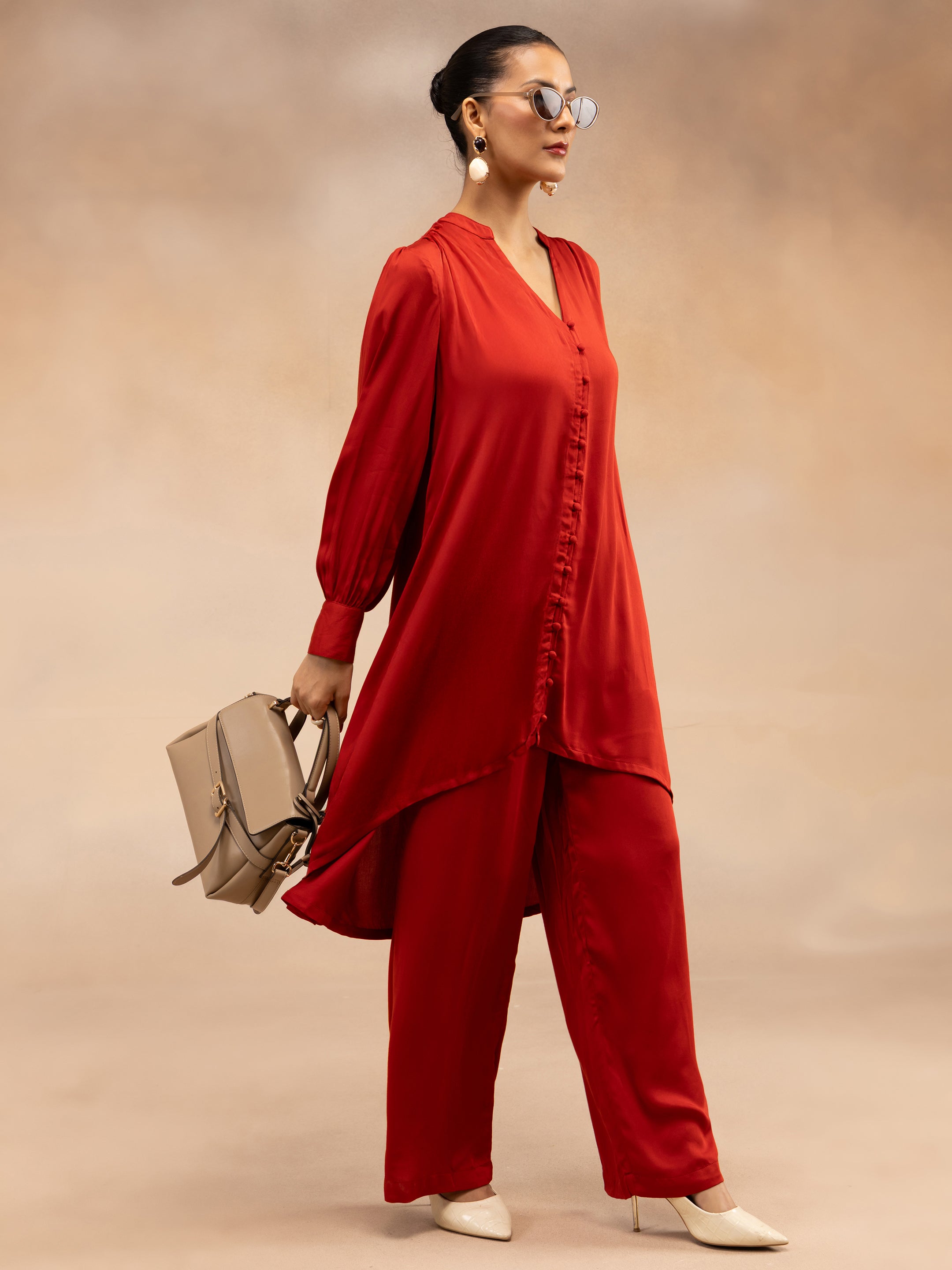 Women Red Modal Asymmetric Hem Kurta Set