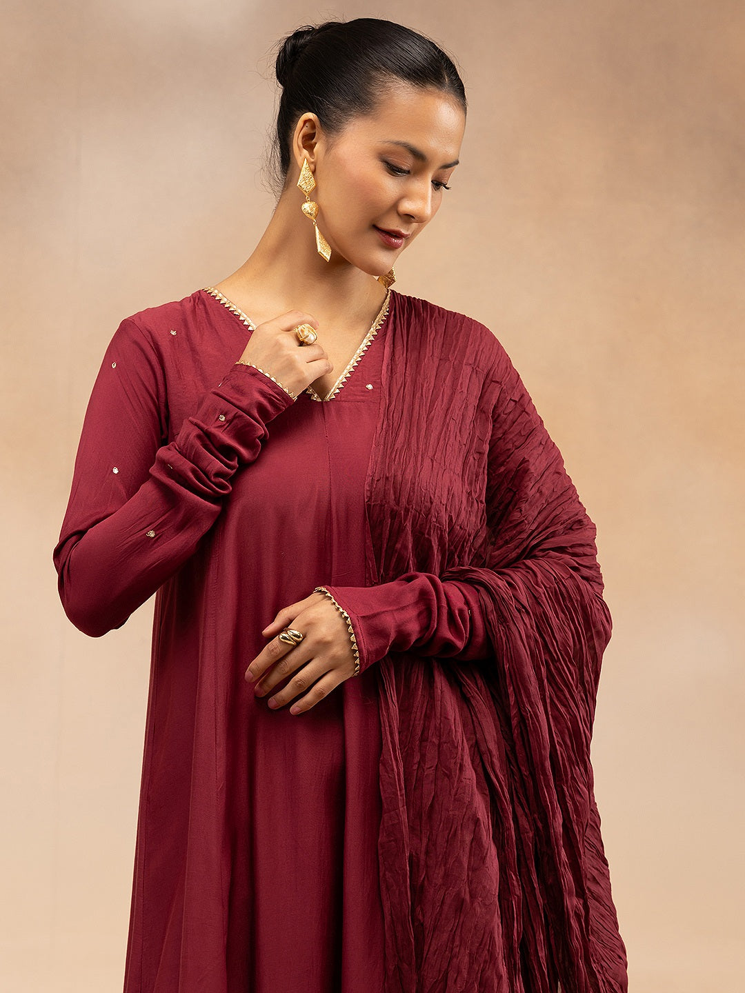 Women Maroon Solid Zari Embroidered Anarkali Dress with Crushed Dupatta