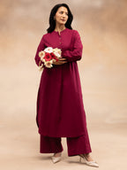 Women Magenta Cotton Slub Pleated Kurta Set with Wide-Leg Palazzo Pants