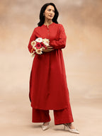 Women Red Cotton Slub Pleated Kurta