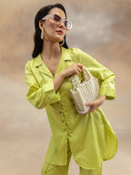 Women Pear Green Solid Cotton Satin Kurta Co-Ord Set