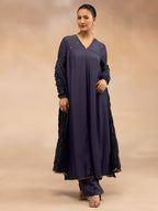 Women Navy Solid Zari Embroidered Anarkali Dress with Crushed Dupatta