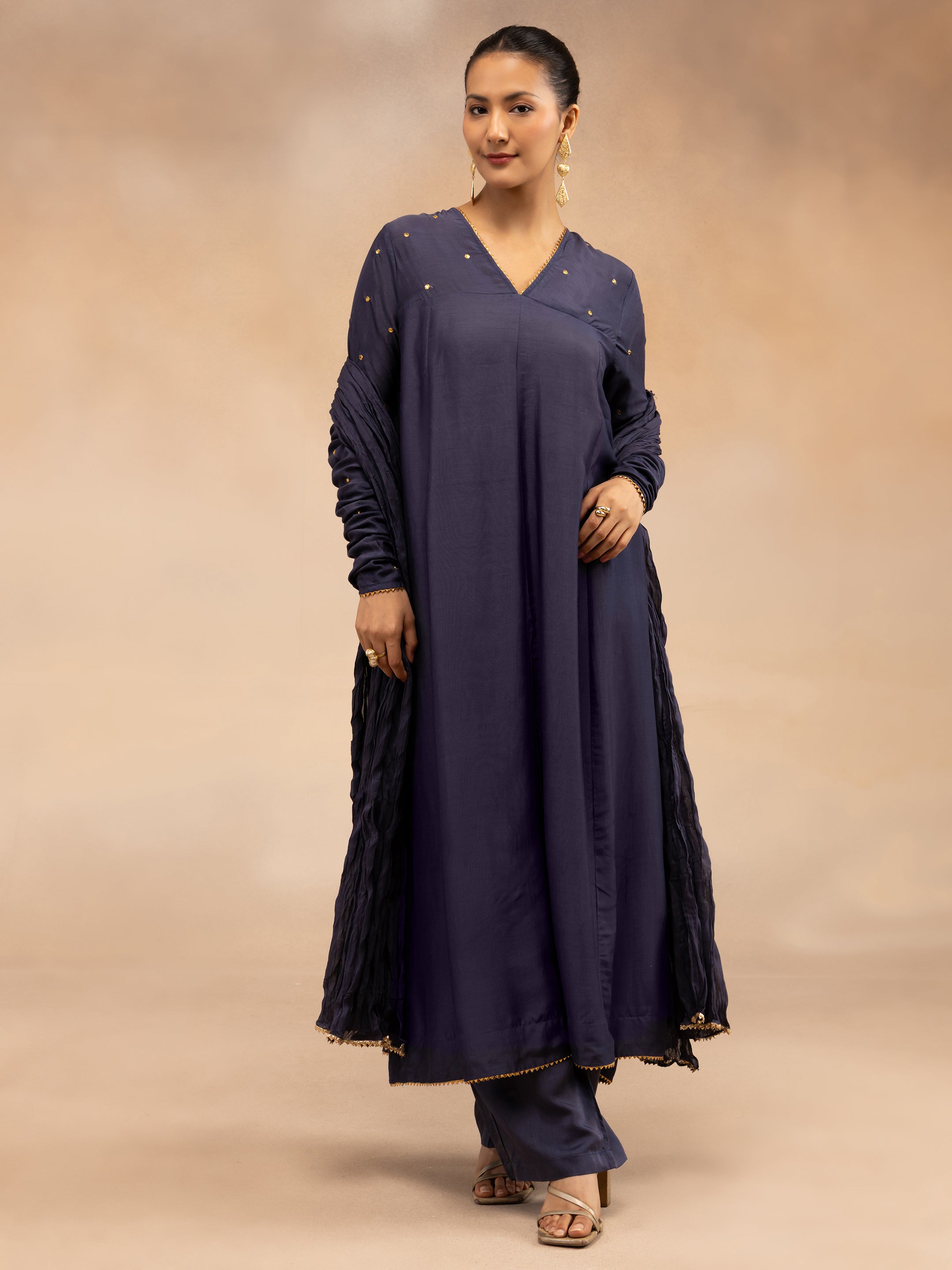 Women Navy Solid Zari Embroidered Anarkali Dress with Crushed Dupatta