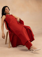 Women Red Cotton Slub Straight Kurta