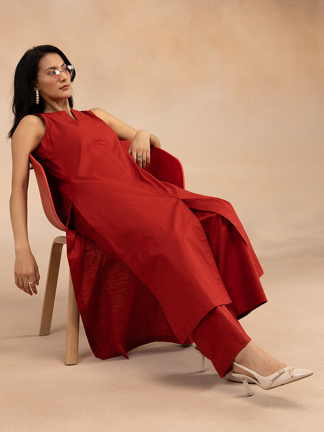 Women Red Cotton Slub Straight Kurta