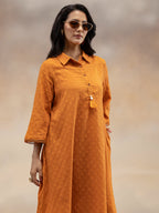 Women Rust Cotton Dobby Textured Kurta with Tassel Detail