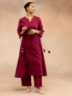 Women Magenta Cotton Dobby Kurta Set with Waist Tie-Up