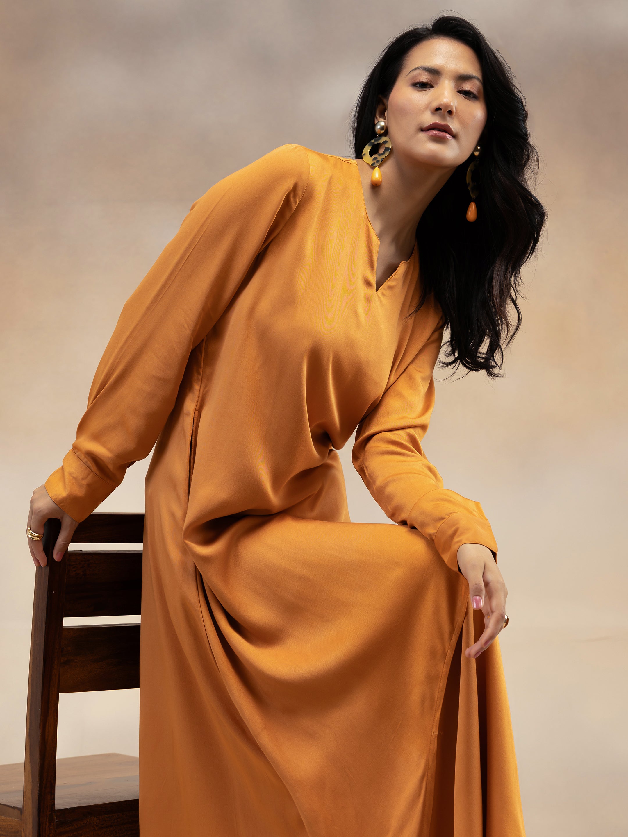 Women Rust Solid Modal Layered Maxi Dress