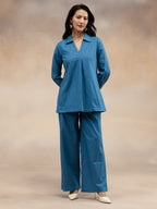 Women Slate Blue Solid Cotton Slub Kurta Co-Ord Set