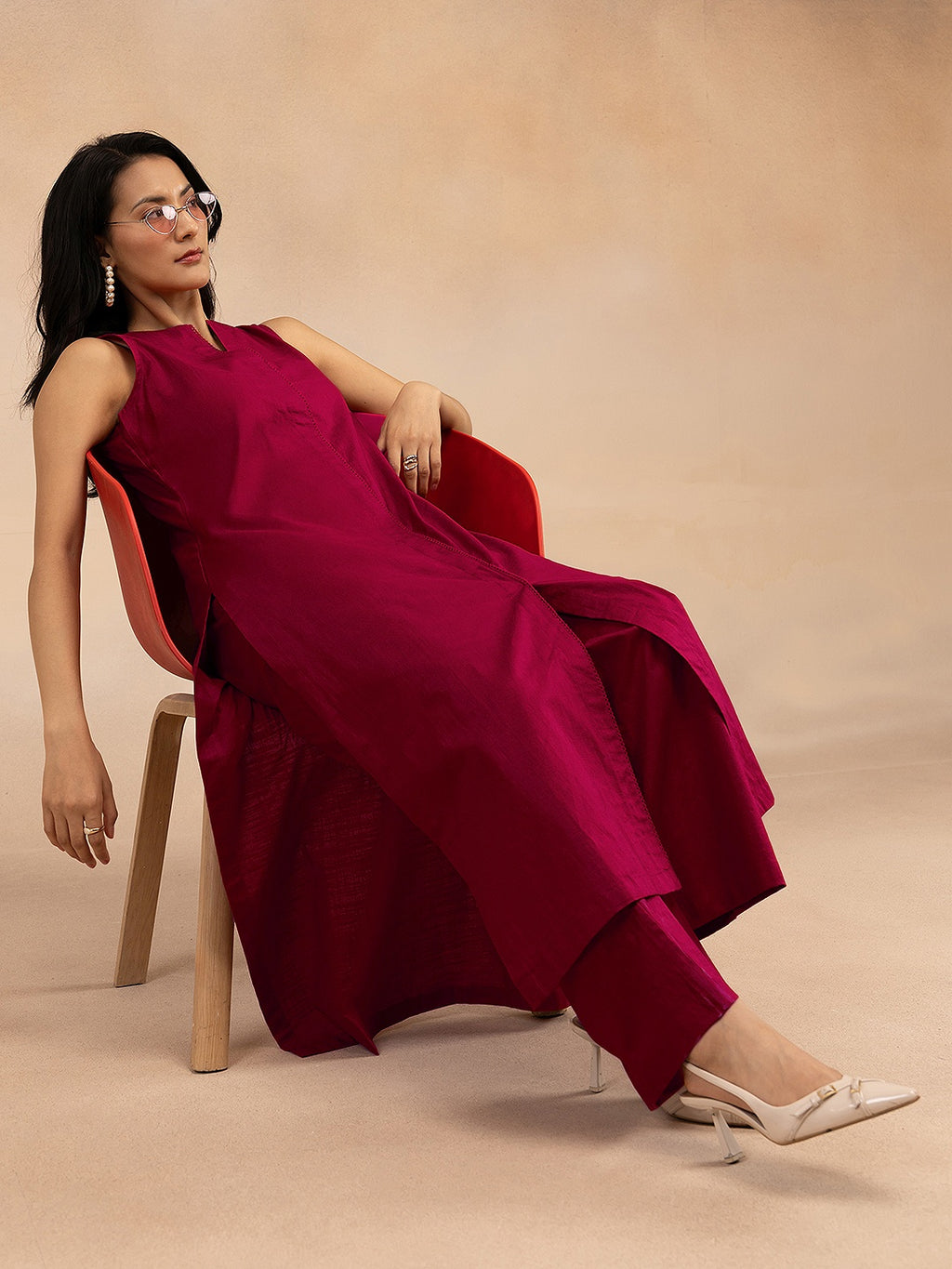 Women Magenta Pink Cotton Slub Straight Kurta Set