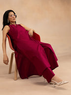 Women Magenta Pink Cotton Slub Straight Kurta Set