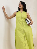 Women Pear Green Cotton Slub Straight Kurta