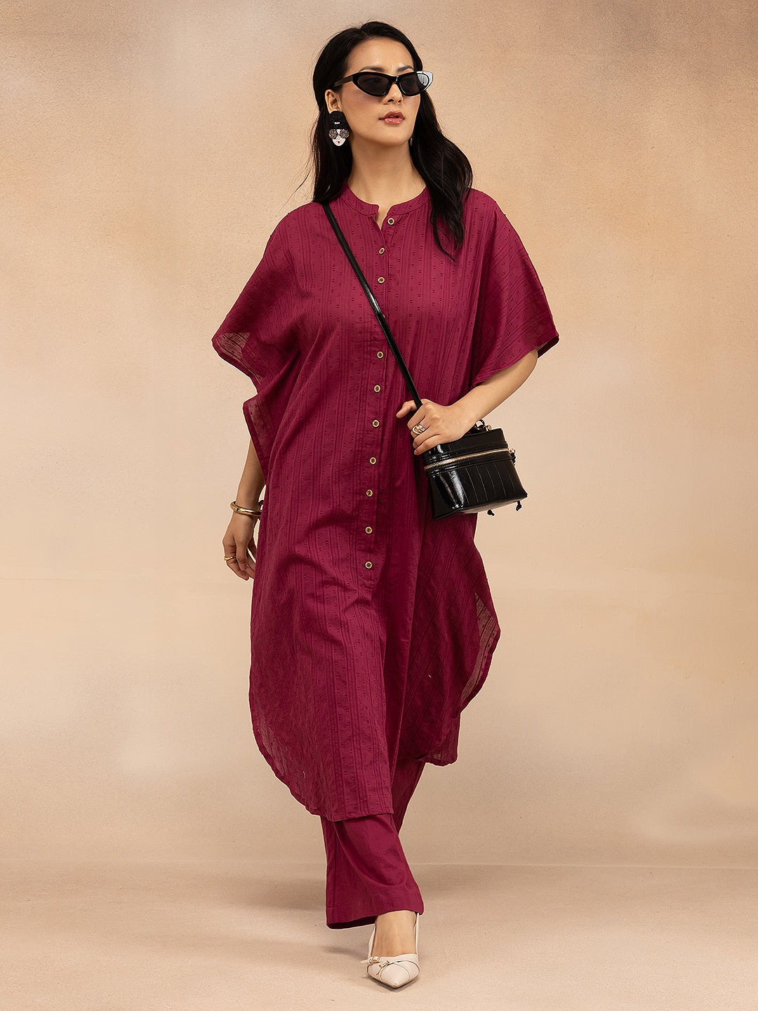 Women Magenta Cotton Dobby Kaftan