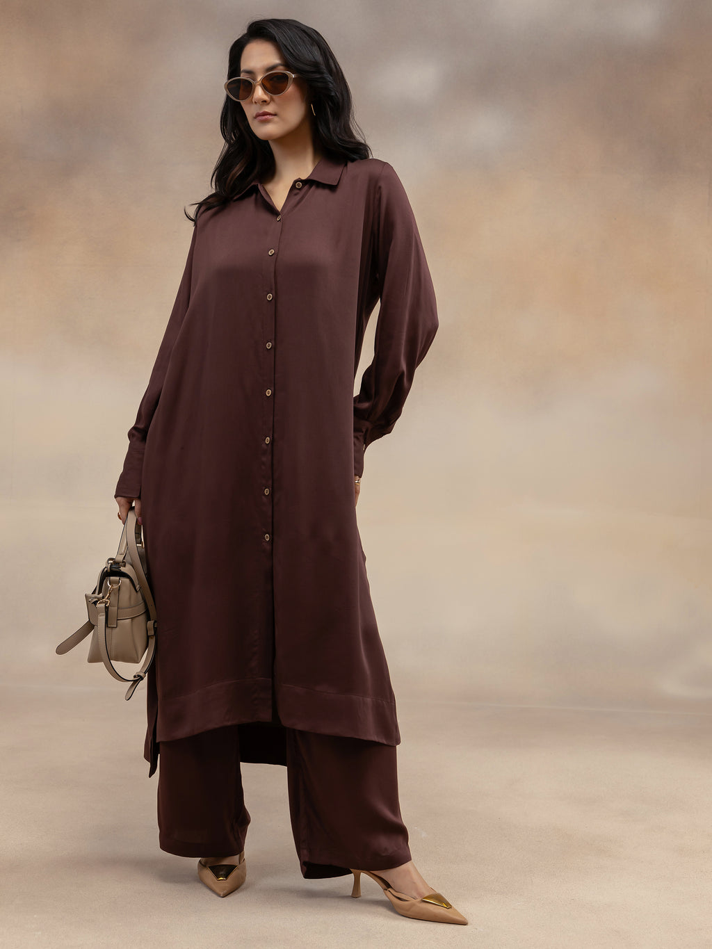 Women Brown Modal Shirt-Style Kurta Set