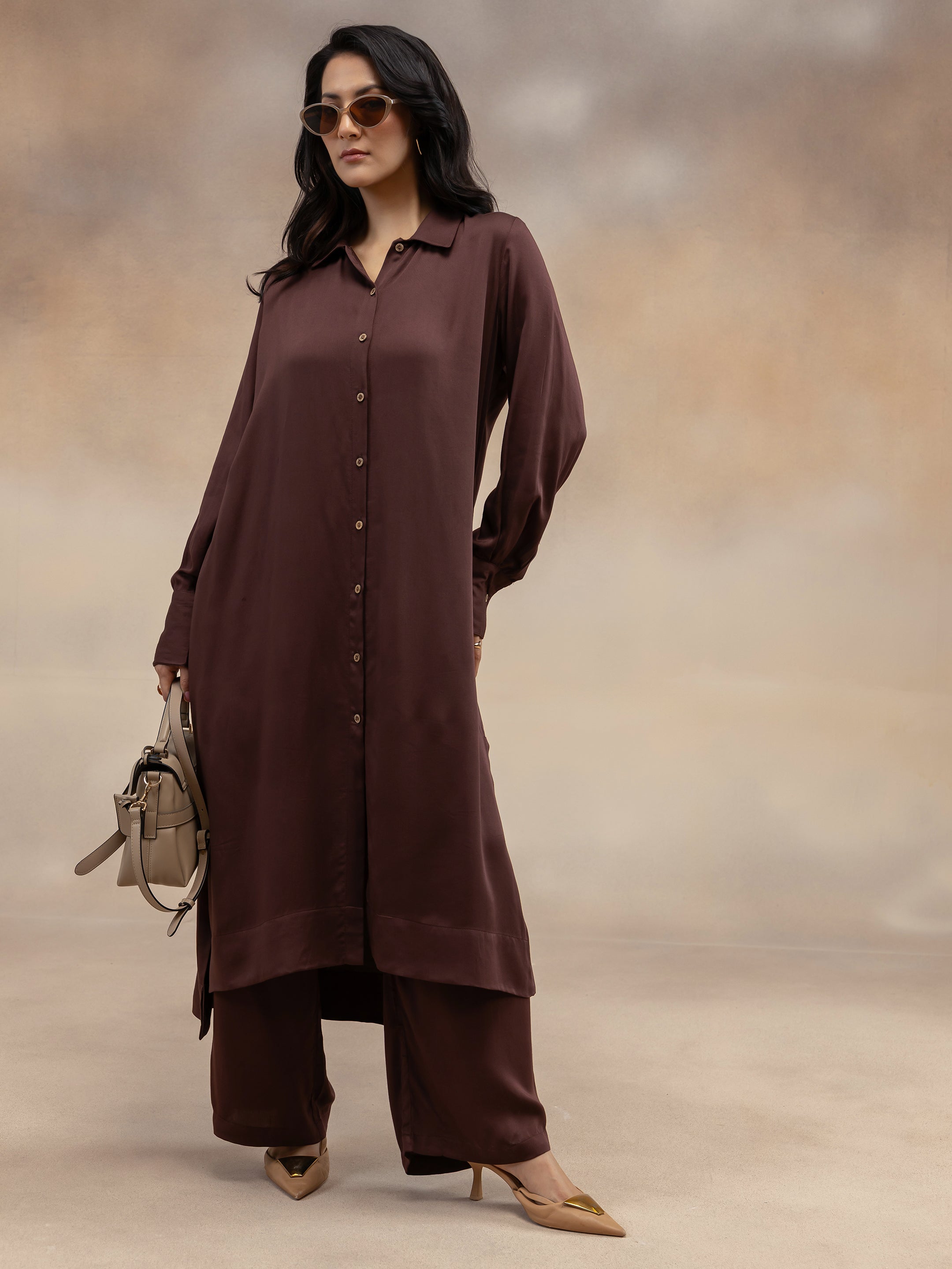Women Brown Modal Shirt-Style Kurta Set
