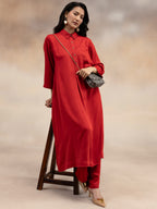 Women Red Modal Kurta Set with Bead Embellishment